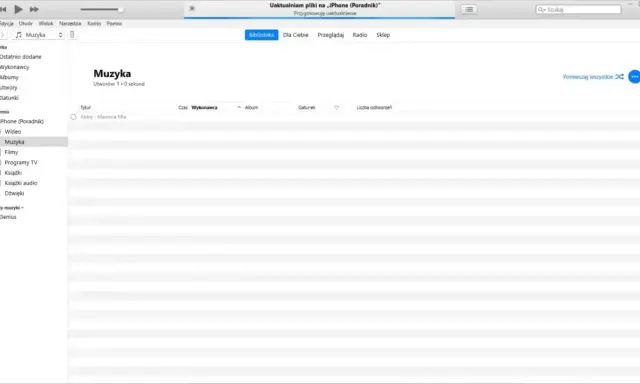Jak zgrać muzykę na komputer? Widok biblioteki iTunes z opcją "Muzyka" i listą utworów, gotowy do synchronizacji.