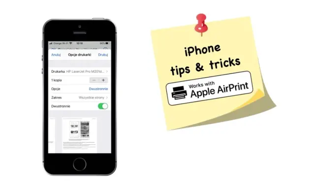 Jak drukowac z iPhone? Ekran telefonu pokazuje opcje drukowania, a obok żółta karteczka z napisem "iPhone tips & tricks" i logo Apple AirPrint.