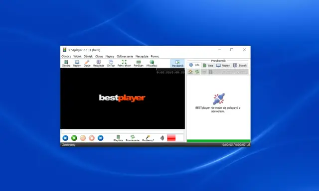 BESTplayer, darmowy odtwarzacz muzyki, wyświetla logo. Program informuje o braku połączenia z serwerem.