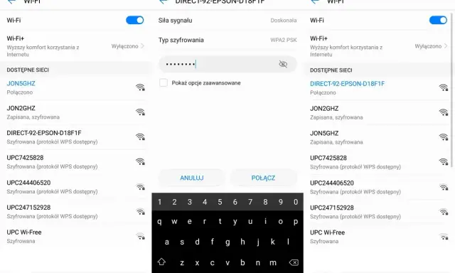 Problem z połączeniem drukarki HP z Wi-Fi. Widok ekranu telefonu z listą dostępnych sieci Wi-Fi i próbą połączenia z siecią drukarki.
