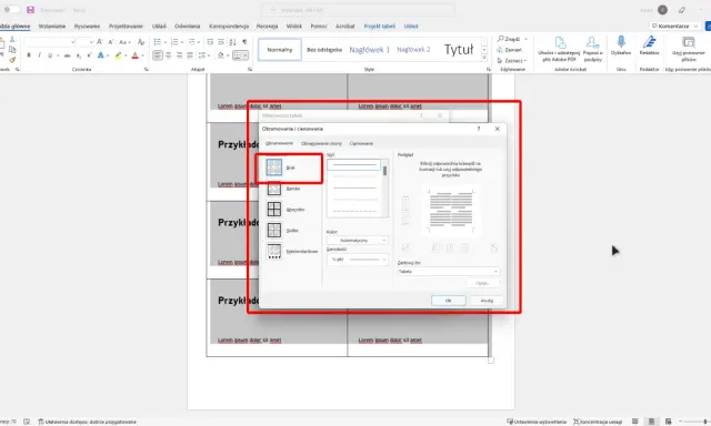 Szablon wizytówki Word w programie Microsoft Word, okno dialogowe "Właściwości tabeli" z opcjami obramowania.
