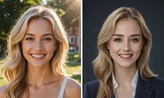 Dwie grafiki na profilowe: uśmiechnięta blondynka w letniej stylizacji i w eleganckim garniturze.