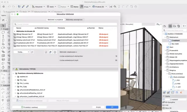 Menedżer bibliotek w Archicadzie pokazuje brakujące pliki, w tym obrazy i tekstury, które są potrzebne do projektu.