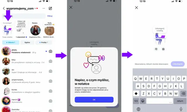 Jak włączyć notatki na Instagramie? Kliknij "Co nowego?", a następnie "Udostępnij notatkę". Wpisz swoją myśl i kliknij "OK".