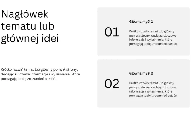 Szablon prezentacji, który pokazuje, jak zrobić plakat w PowerPoint. Zawiera nagłówek i pola na główne myśli z opisami.