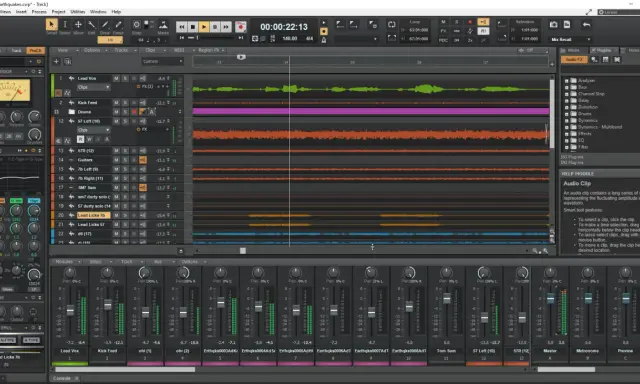 Ekran programu Cakewalk z widocznymi ścieżkami audio, mikserem i panelem efektów.