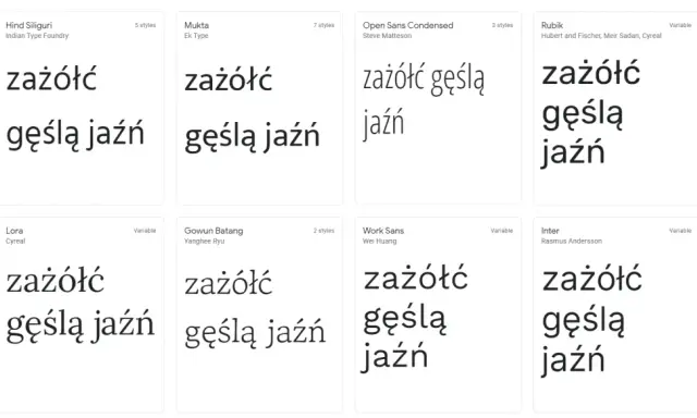 Różne fonty, w tym elegancka czcionka z polskimi znakami, prezentują tekst "zażółć gęślą jaźń".