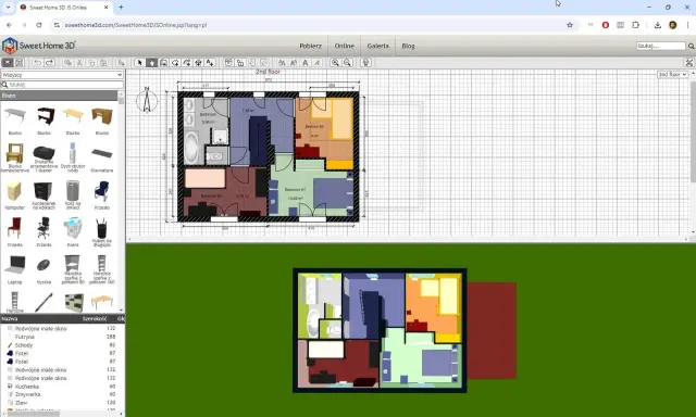 Program do projektowania domów Sweet Home 3D pokazuje plan piętra z meblami i wymiarami.