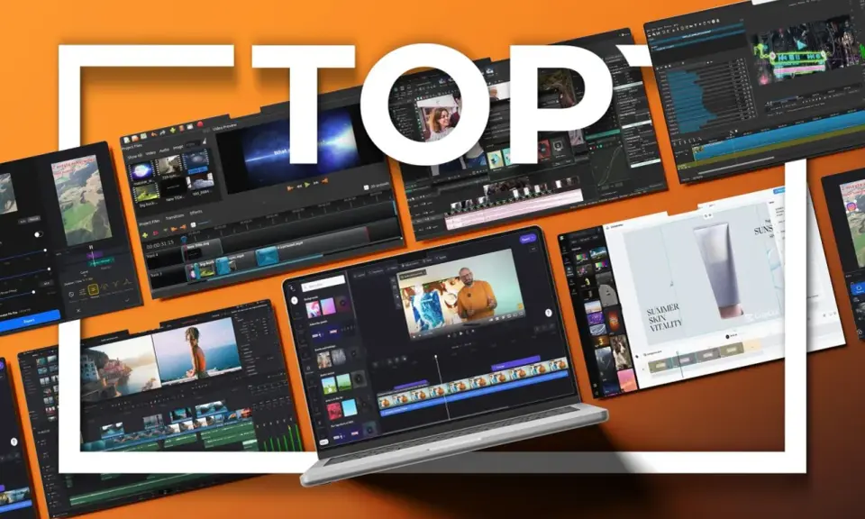 Najlepsze oprogramowanie do edycji wideo, w tym darmowy program do obróbki filmów, prezentowane na ekranach laptopów i tabletów.