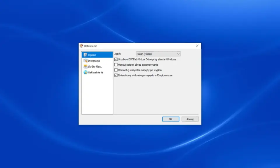 Ustawienia programu DVD Fab Virtual Drive: uruchamianie przy starcie Windows, zmiana ikon w Eksploratorze.