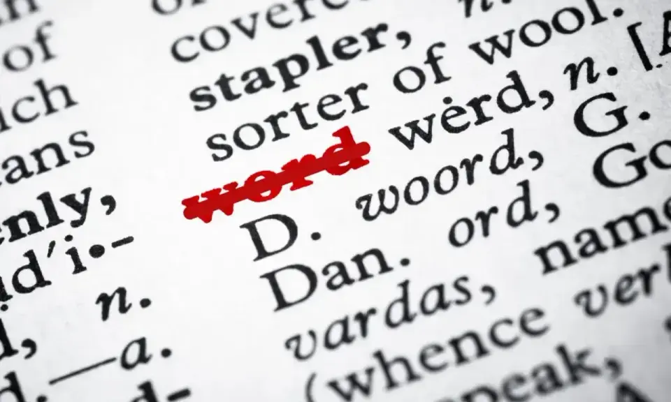 Przekreślony tekst "word" w słowniku.