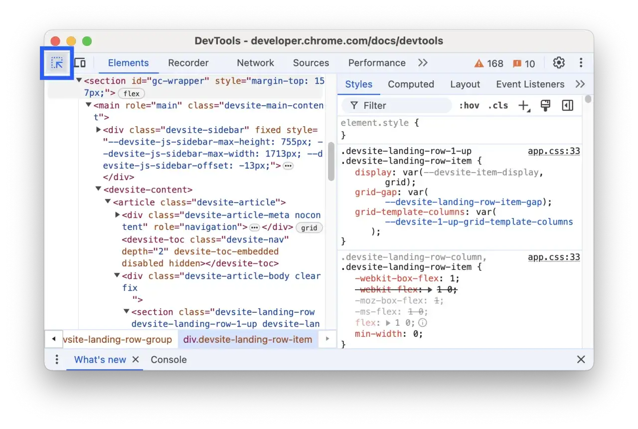 Narzędzie deweloperskie Chrome pokazuje kod HTML i CSS strony. Możesz zbadać skr&oacute;t klawiszowy, analizując strukturę DOM i style.