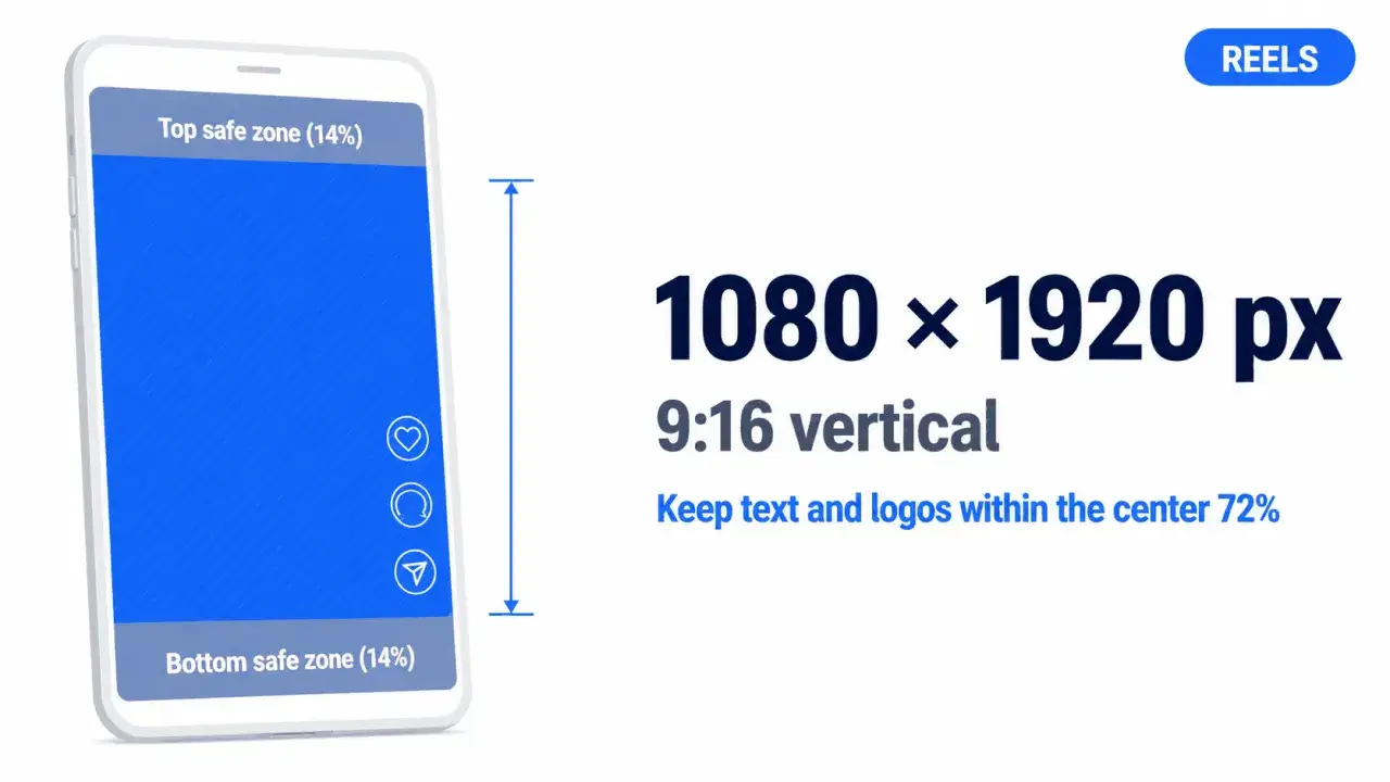 Wskaz&oacute;wki dotyczące tworzenia angażujących reels na Facebooku: wymiary 1080x1920 px, proporcje 9:16. Tekst i logotypy umieszczaj w centralnych 72%.