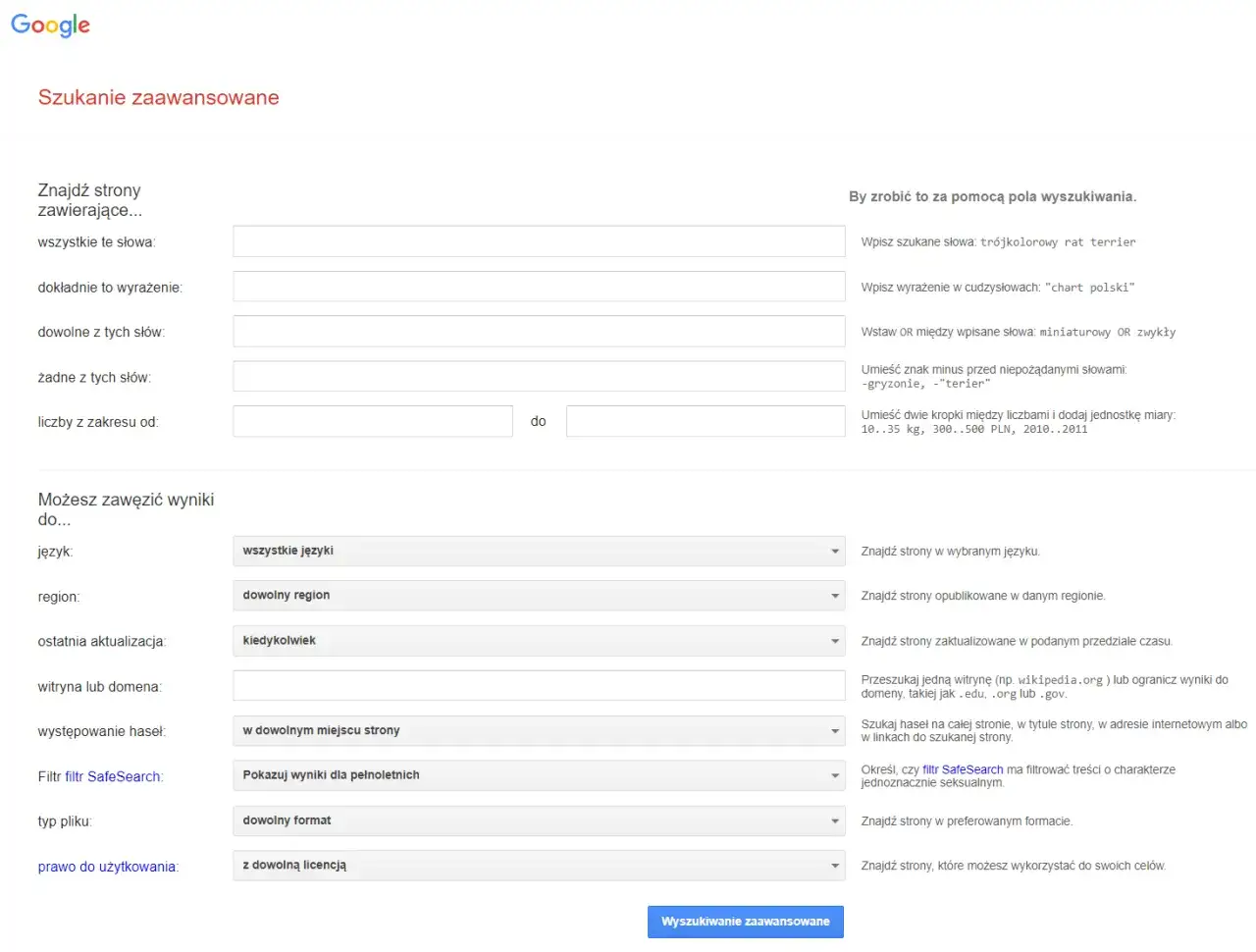 Formularz wyszukiwania zaawansowanego Google pozwala precyzyjnie określić kryteria wyszukiwania, np. wpisując frazy, wykluczając słowa lub filtrując wyniki.