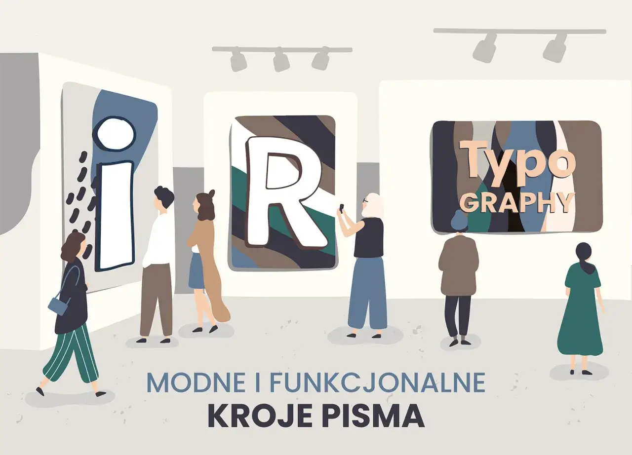 Wystawa typografii, gdzie litery przypominają styl newspaper font. Ludzie oglądają abstrakcyjne kompozycje z literami