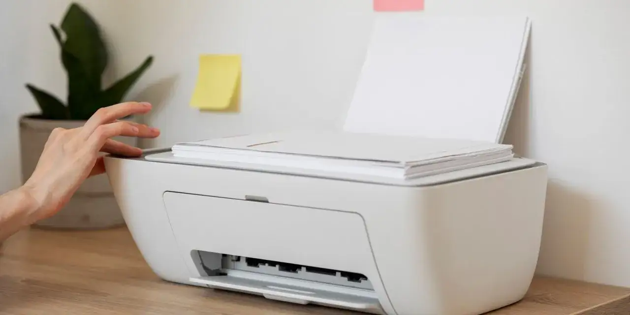 Dłoń dotyka drukarki, na kt&oacute;rej leży stos papieru. Zastanawiasz się, dlaczego drukarka drukuje puste kartki? Sprawdź tusz!