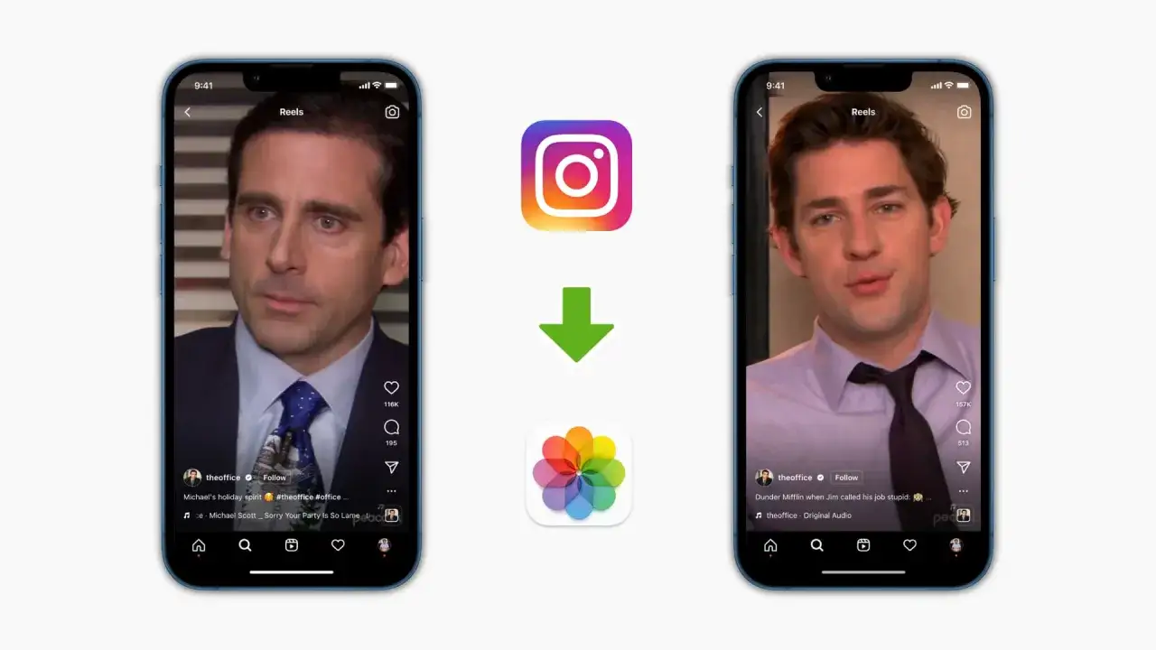 Jak zapisać rolkę na telefonie? Dwa iPhone'y pokazują Instagram Reels, a strzałka wskazuje na ikonę Galerii, sugerując zapis.