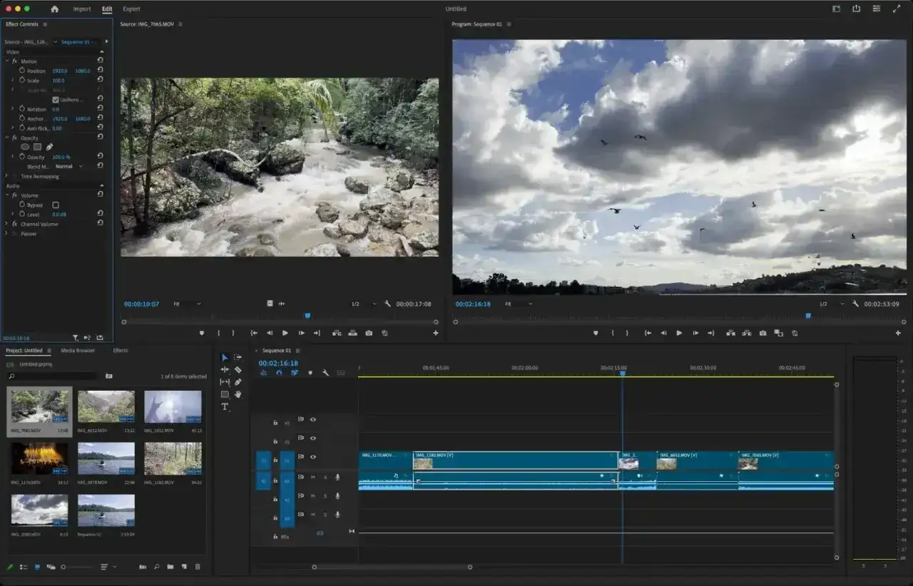 Program do montażu filmów, gdzie widać edytor wideo z klipami wideo na osi czasu i podglądem.
