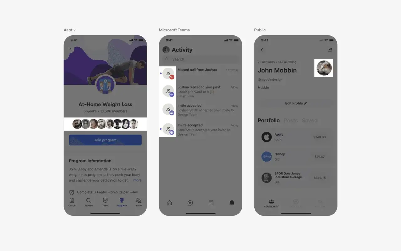Grafika na profilowe: trzy ekrany aplikacji mobilnych: program treningowy, aktywność w Teams i portfolio inwestycyjne.
