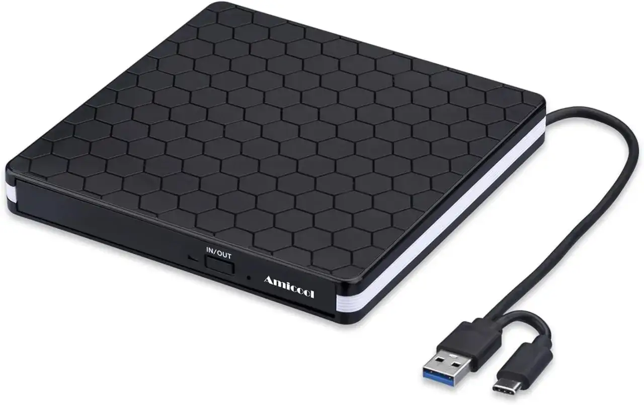 Przenośny napęd CD/DVD z kablem USB-A/USB-C, idealny do nagrywania płyt z programem cdburnerxp portable.