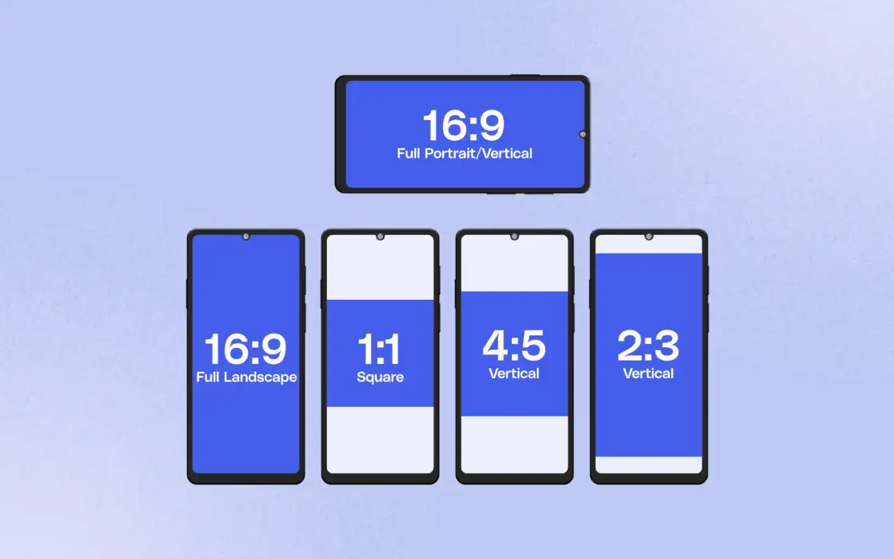 R&oacute;żne proporcje ekran&oacute;w smartfon&oacute;w: 16:9 (poziomo i pionowo), 1:1, 4:5, 2:3. Idealne do publikacji wideo na FB.