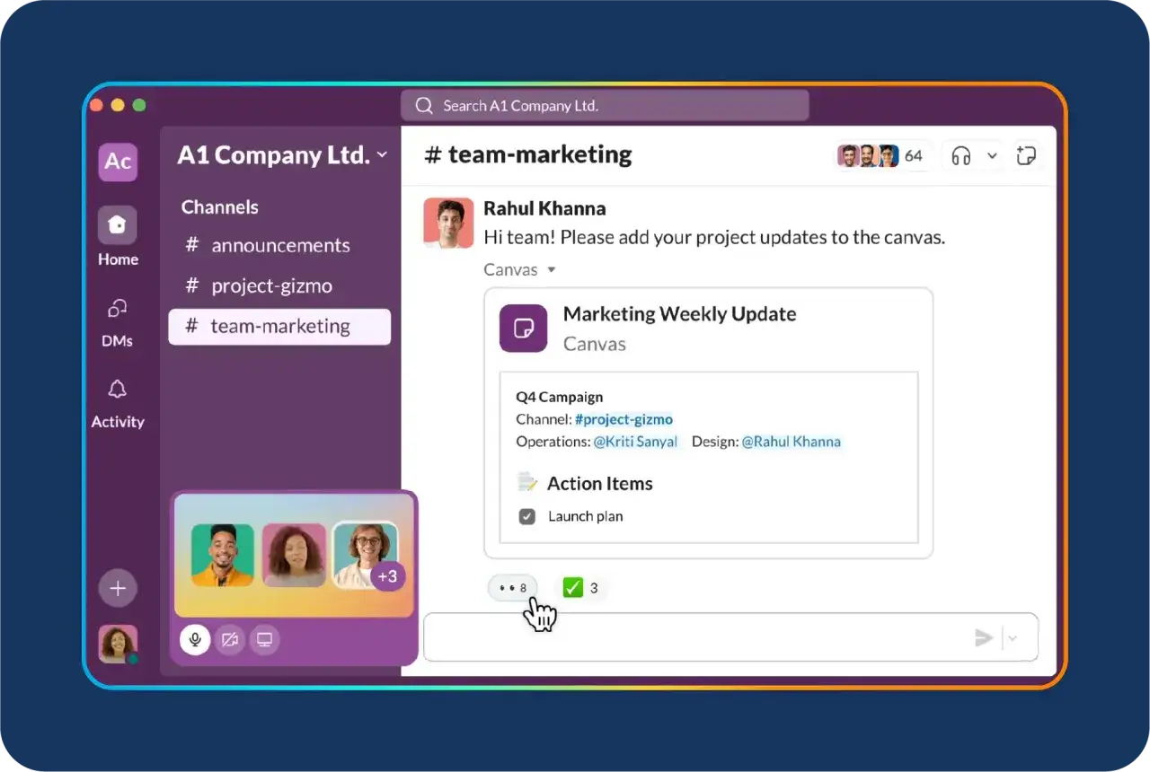 Interfejs komunikatora firmowego z kanałem #team-marketing. Widoczne są profile użytkowników i aktualizacje projektów.