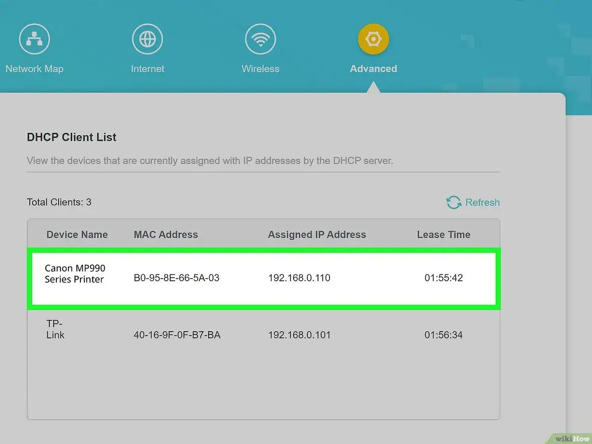 Lista klientów DHCP pokazuje, gdzie znaleźć IP drukarki Canon MP990. Adres IP to 192.168.0.110.