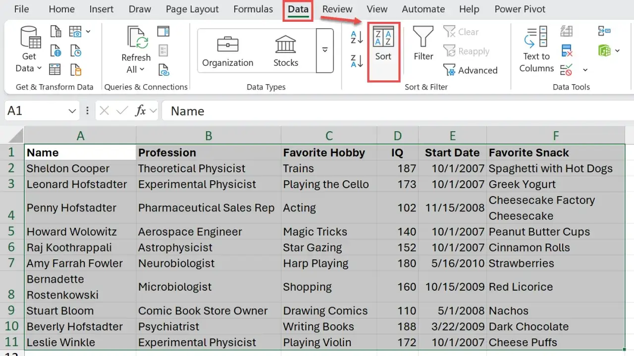 Excel: zakładka Dane, przycisk Sortuj. Tabela z imionami, zawodami i hobby, gotowa do excel sortowanie alfabetyczne.