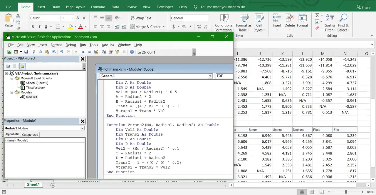 Kod excel visual basic w oknie edytora VBA, obok arkusza kalkulacyjnego z danymi.