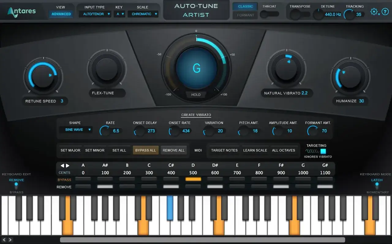 Interfejs programu Antares Auto-Tune Evo z pokrętłami Retune Speed, Flex-Tune i Natural Vibrato. Widoczna klawiatura MIDI.