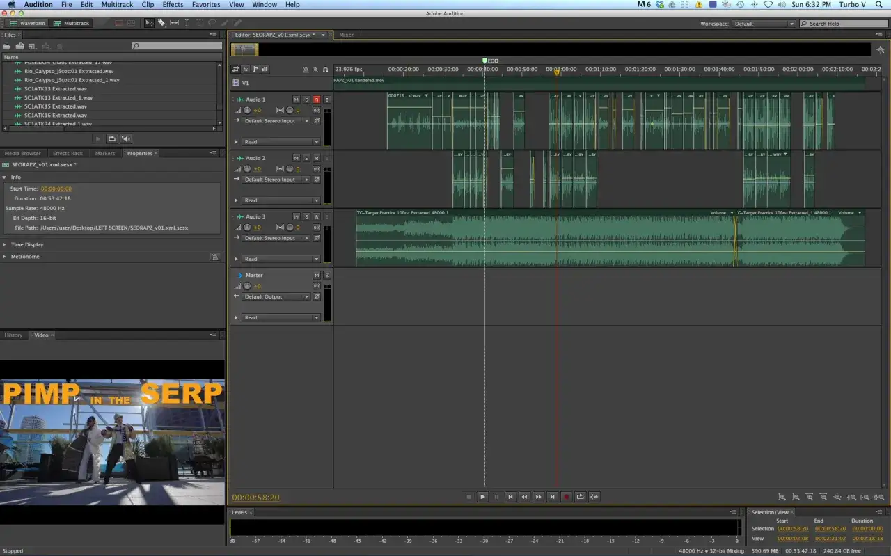 Tworzenie filmu ze zdjęć w Adobe Audition. Widok edytora audio z falami dźwiękowymi i podglądem wideo.