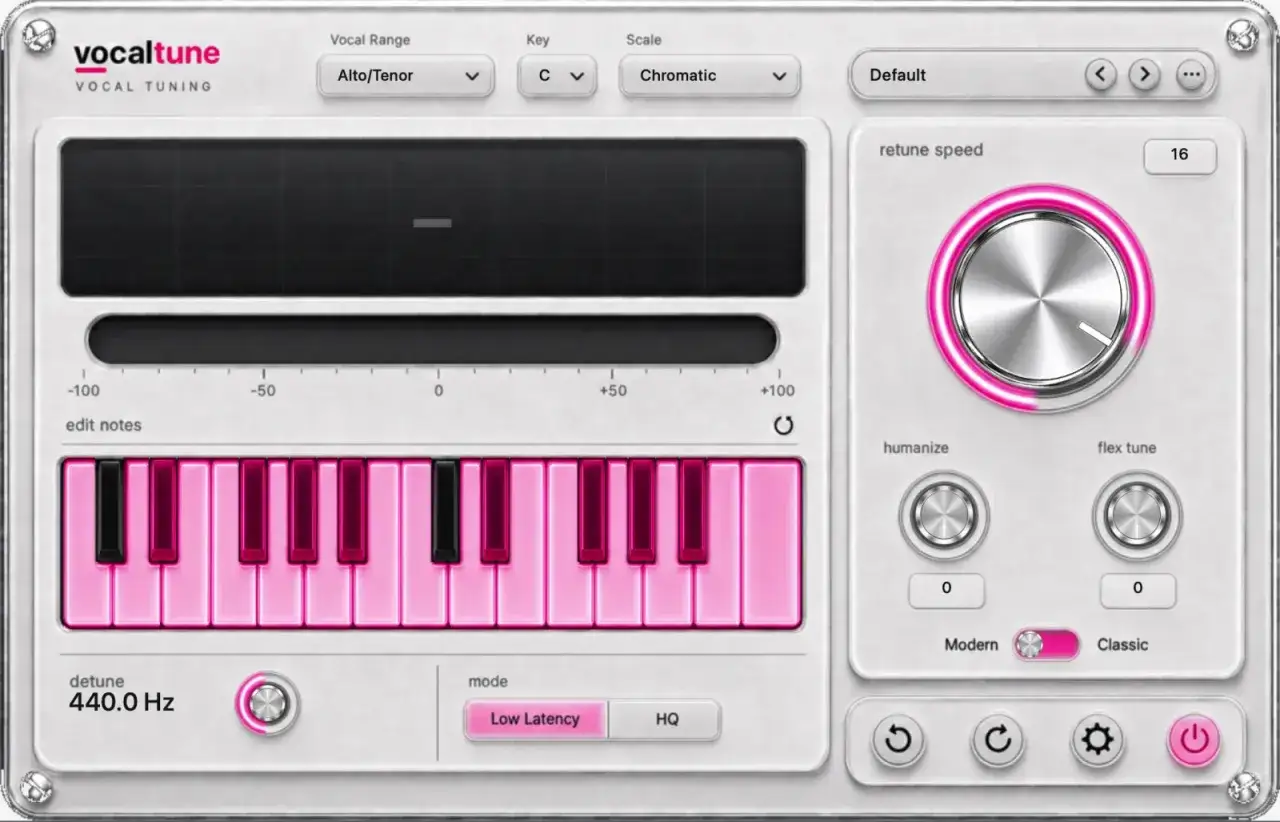 Interfejs wtyczki auto-tune evo vst z klawiaturą, suwakami i pokrętłami do edycji wokalu.