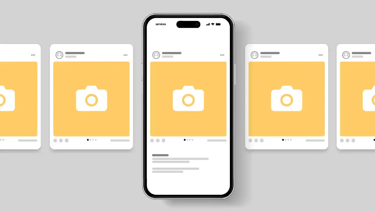 Telefon z postami na Instagramie, gdzie można zobaczyć ikonę aparatu. Ułatwia to ściąganie zdjęć z Instagrama.