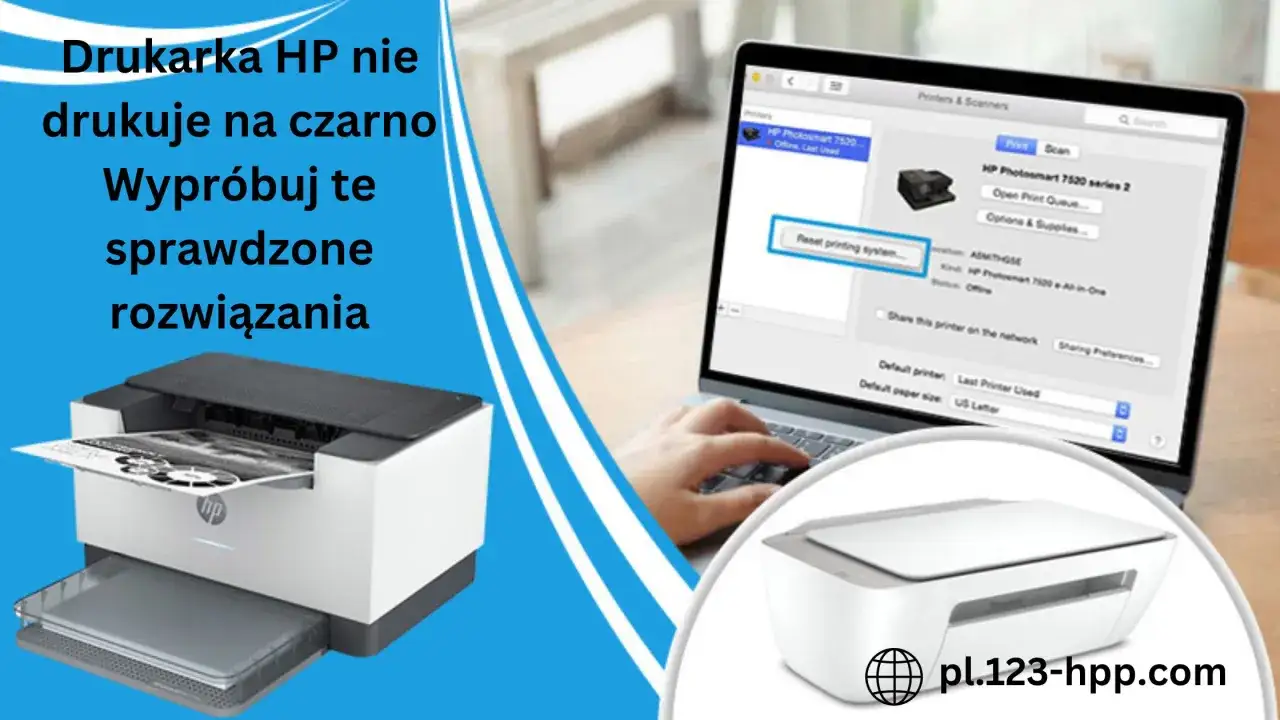 Drukarka HP nie drukuje na czarno? Sprawdź te rozwiązania. Na ekranie laptopa widać okno z ustawieniami drukarki.