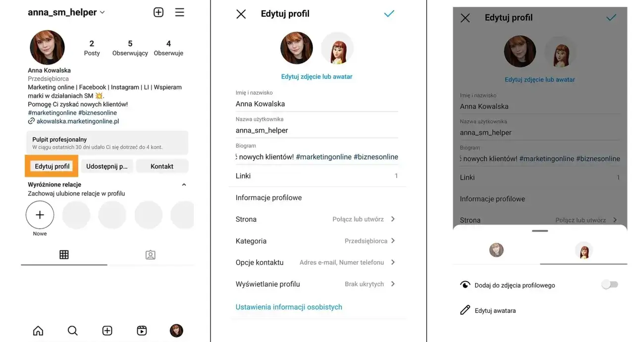 Ekran edycji profilu na Instagramie. Widzisz opcje zmiany danych, jak chcesz wyłączyć konto tw&oacute;rcy na IG, szukaj ustawień konta.