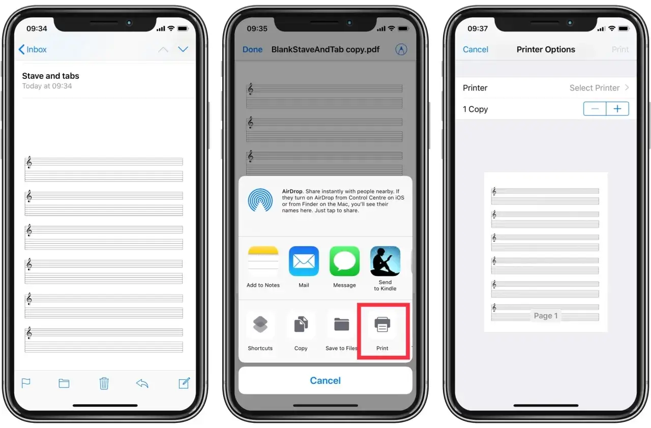 Jak drukowac z iPhone: wybierz ikonę drukarki, aby wydrukować dokument z nutami.