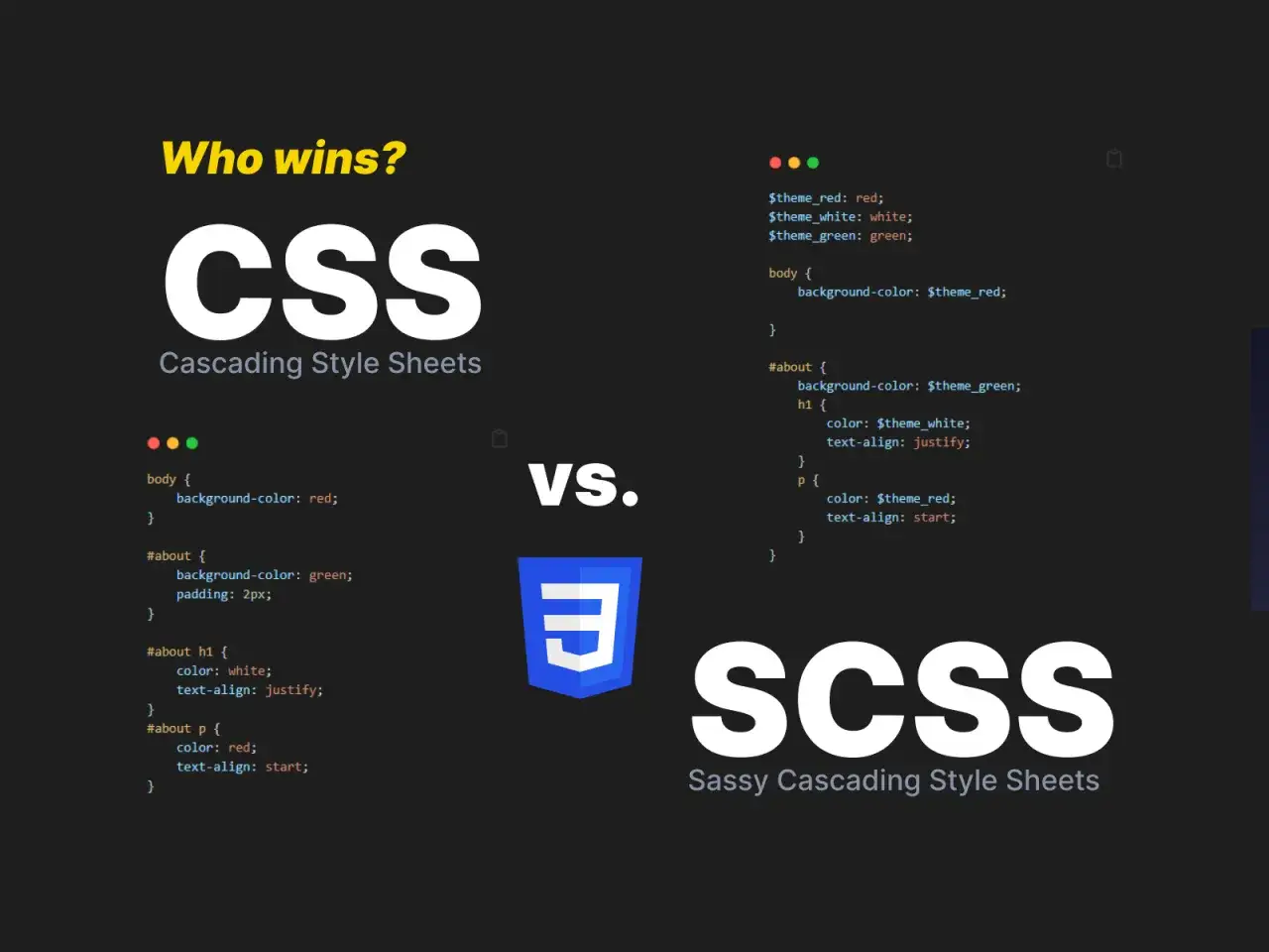 CSS vs. SCSS: por&oacute;wnanie kodu. CSS używa prostych reguł, SCSS wprowadza zmienne i zagnieżdżenia.