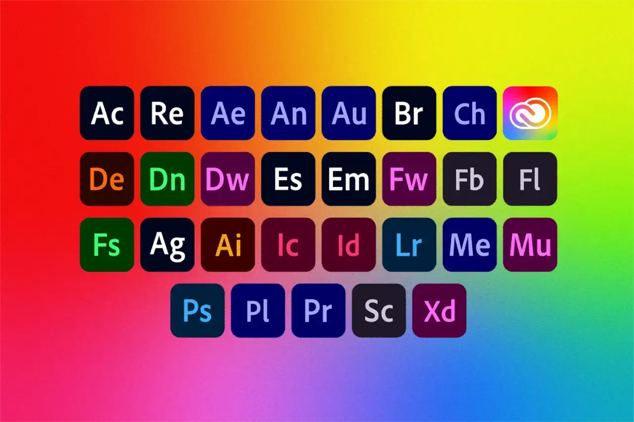 Ikony aplikacji Adobe, takich jak Photoshop (Ps), Illustrator (Ai) i Premiere Pro (Pr), na tęczowym tle.