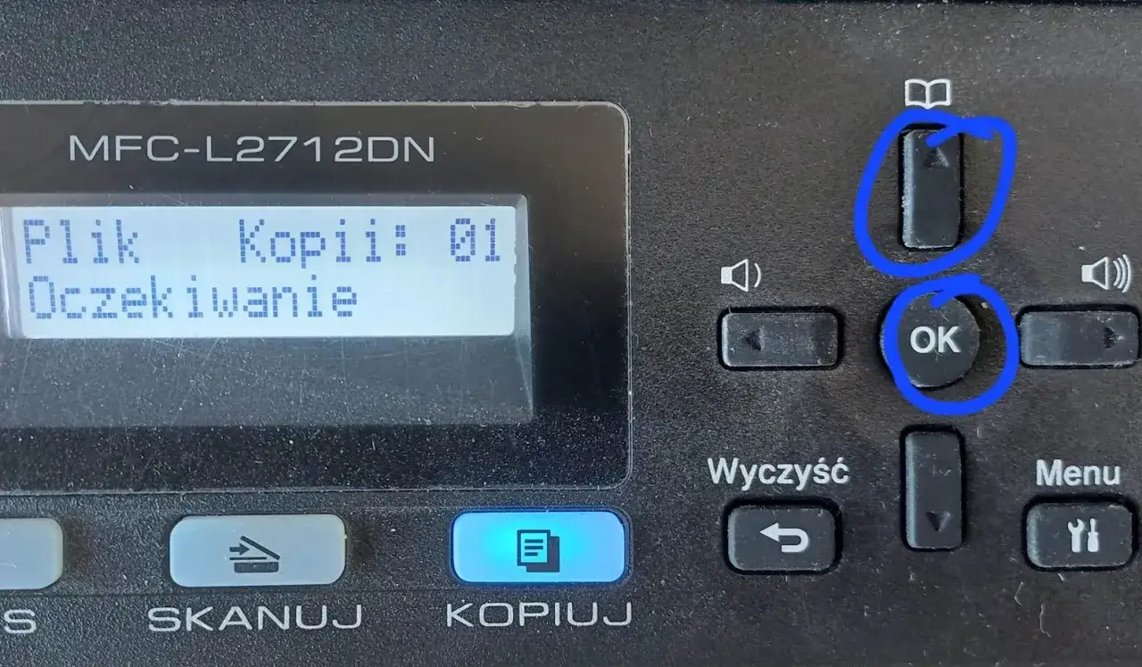 Drukarka Brother MFC-L2712DN. Ekran pokazuje 