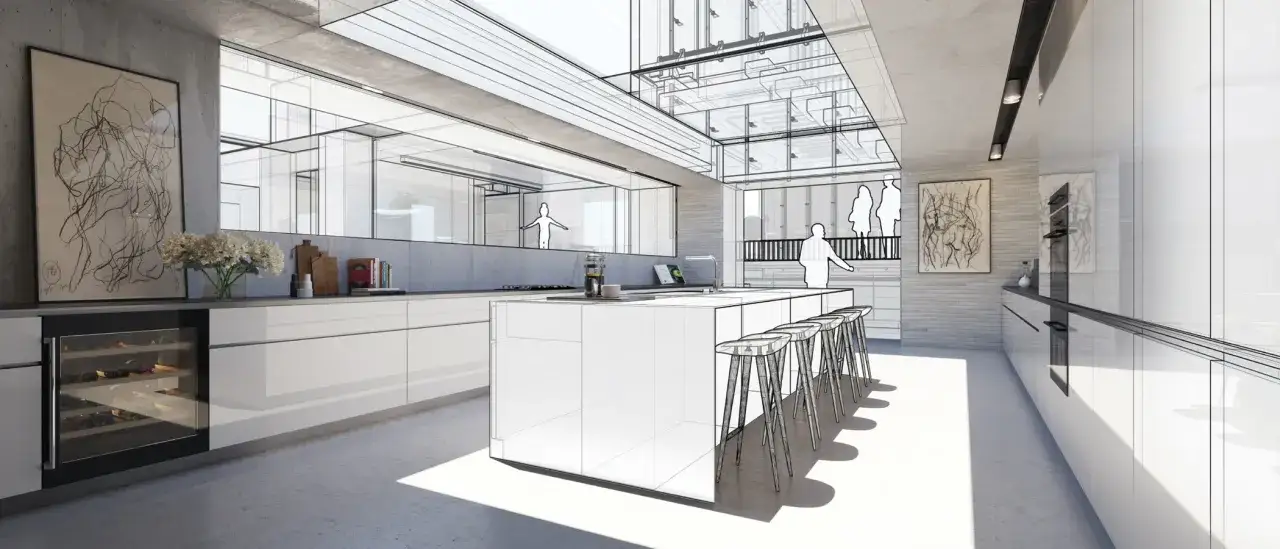 Nowoczesna kuchnia z wyspą i oknami, stworzona w programie do projektowania domów. Widoczne szkice architektoniczne.