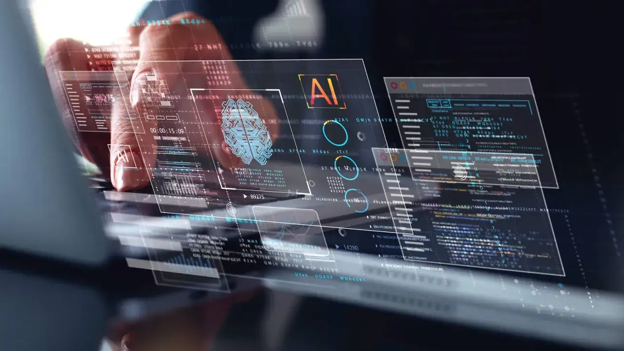 Program sztuczna inteligencja analizuje dane na ekranie. Widoczny jest mózg symbolizujący AI.