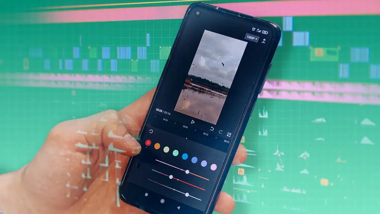 Ręka trzyma smartfon z aplikacją do edycji wideo, pokazującą jak zrobić film na TikToka. Tło to oś czasu edytora wideo.