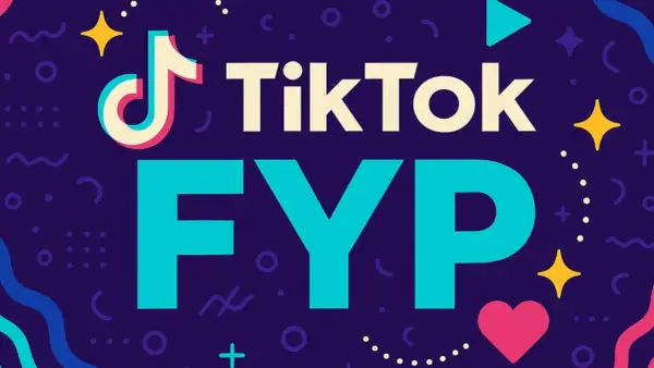 TikTok FYP - czyli "For You Page", strona z polecanymi filmami. Kolorowe grafiki i ikony.