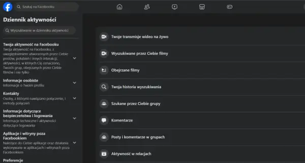 Gdzie są zapisane rolki na FB? W dzienniku aktywności znajdziesz "Wyszukiwane przez Ciebie filmy" i "Obejrzane filmy".