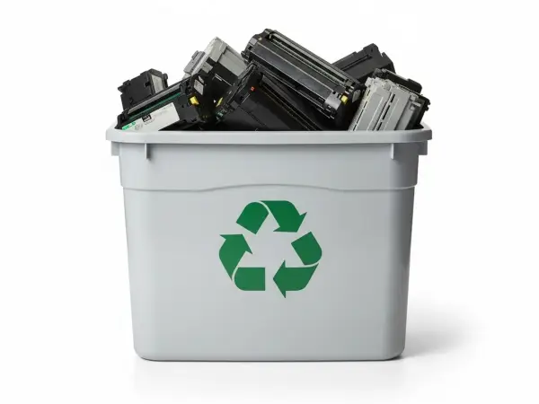 Pojemnik z zielonym symbolem recyklingu wypełniony po brzegi zużytymi tonerami.