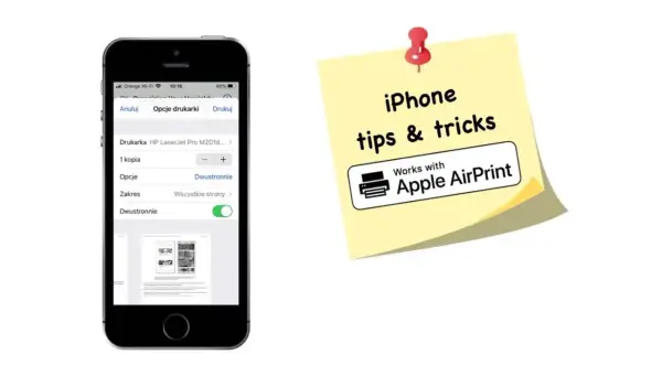 Ustawienia drukowania na iPhonie, pokazujące opcje dwustronnego drukowania. Obok żółta karteczka z napisem "iPhone tips & tricks" i logo "Works with Apple AirPrint", sugerująca łatwe drukowanie.